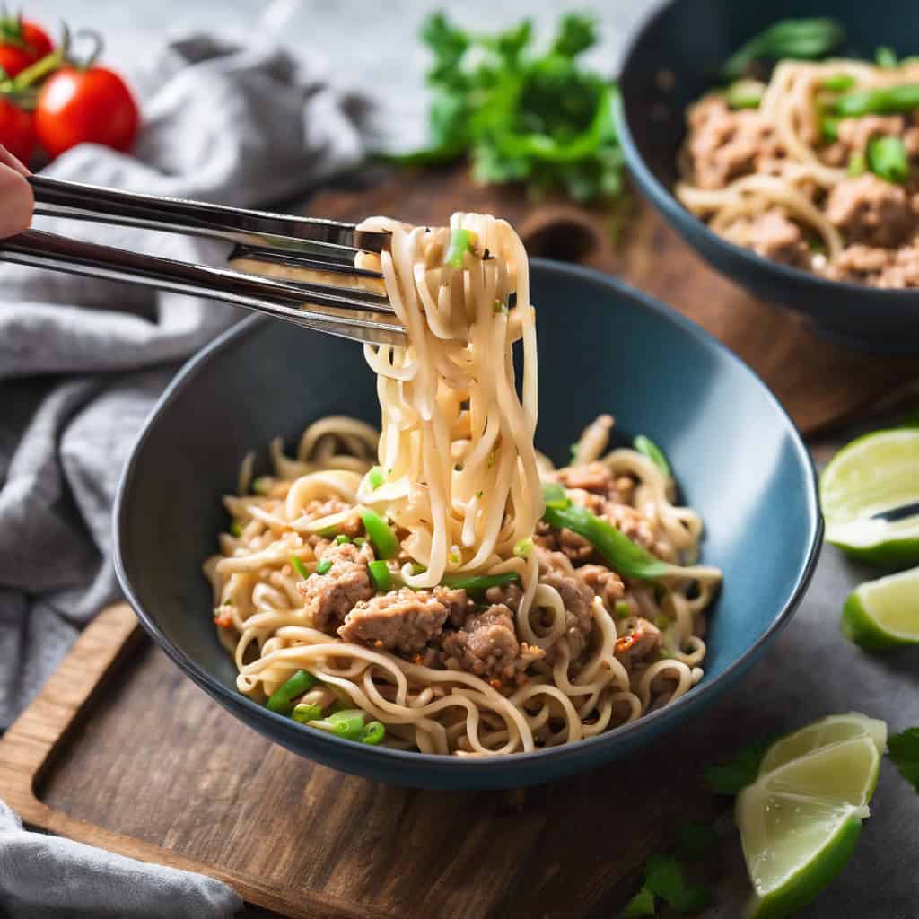 chopsticks holding spicy asian turkey noodles