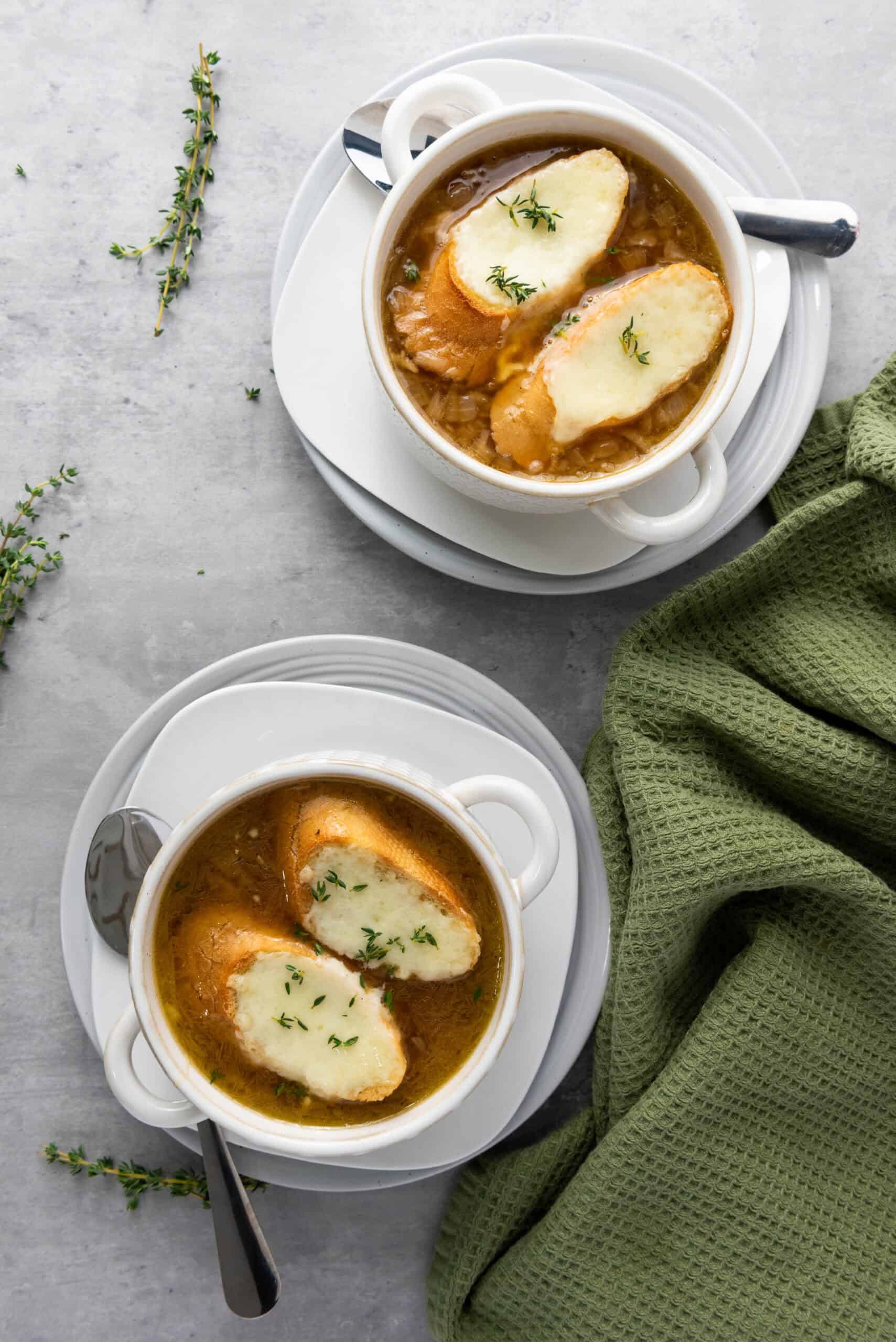 two bowls of french onion soup