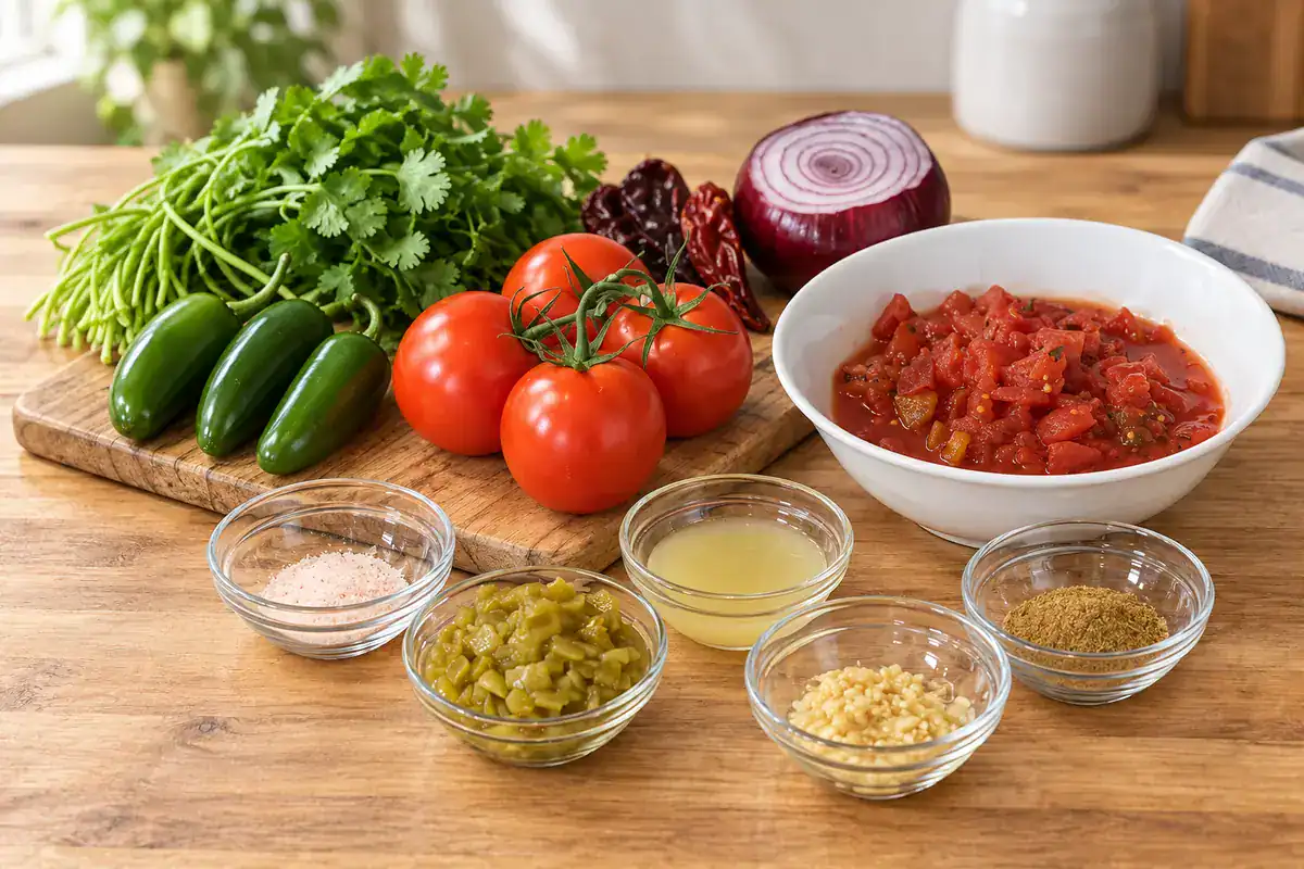 Homemade salsa ingredients with tomatoes, jalapeños, cilantro, red onion and dried chiles
Edit