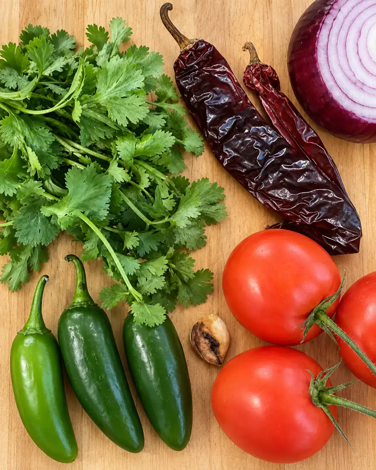 Fresh tomato salsa ingredients with jalapeños, dried chiles, cilantro and red onion