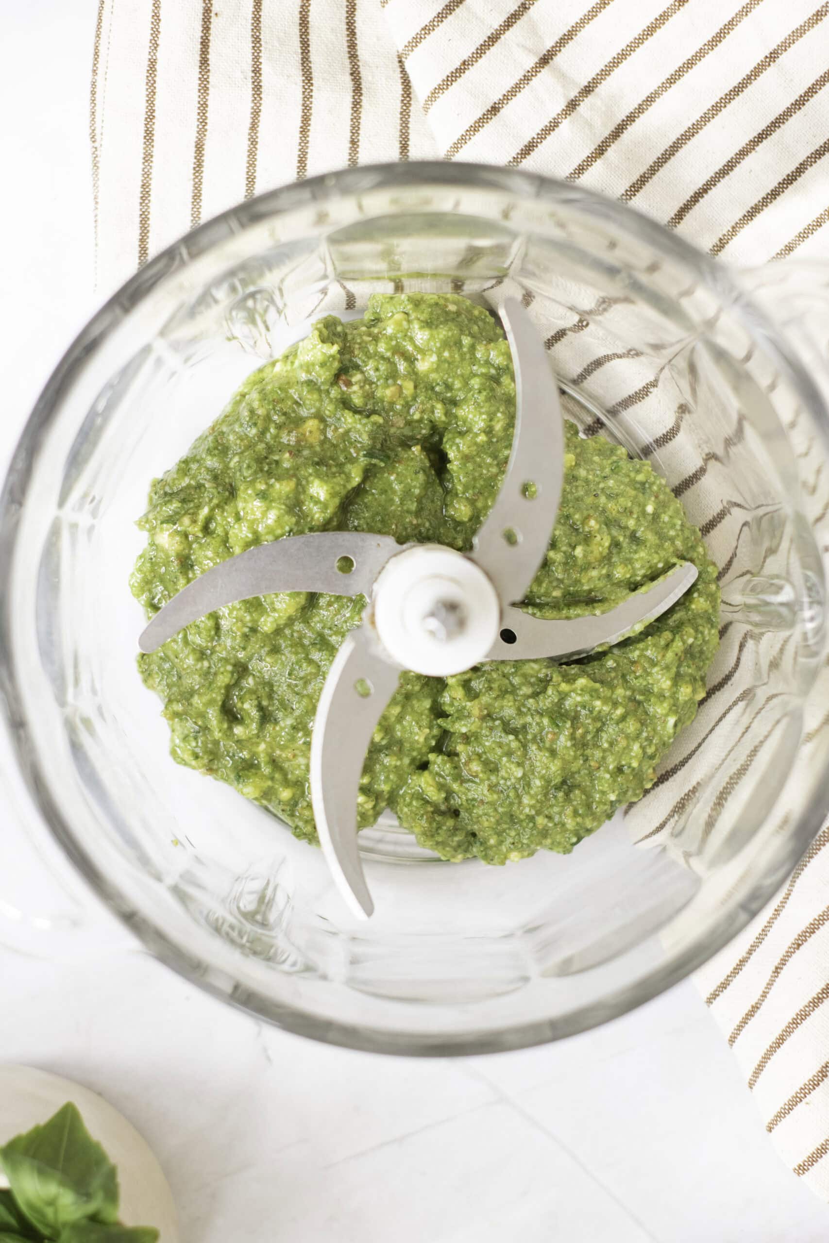 basil pesto sauce in food processor