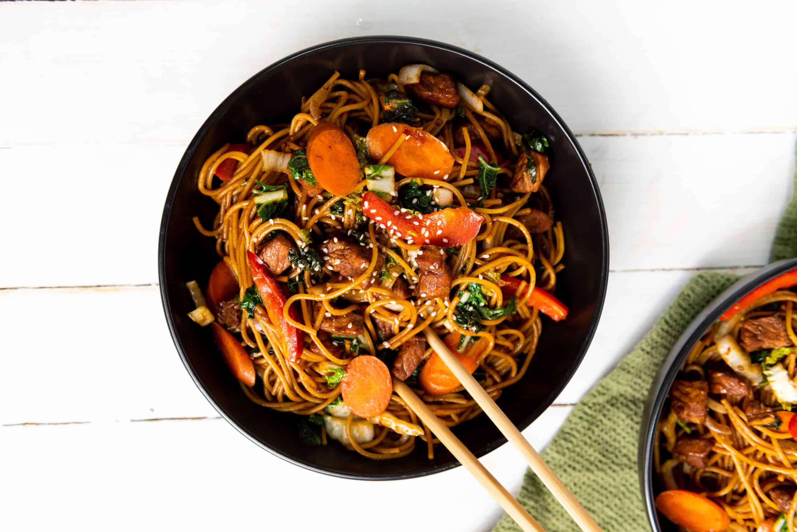 pork lo mein in bowl