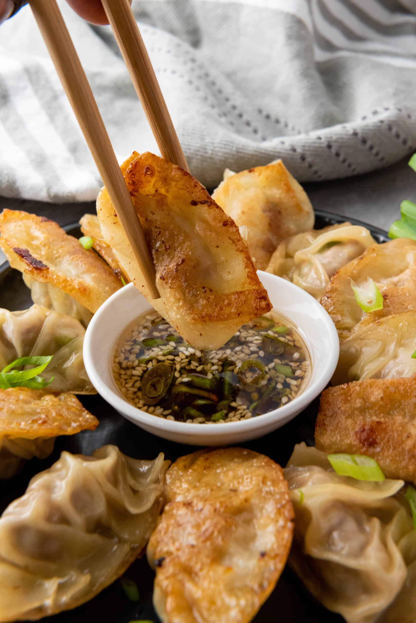 chopsticks holding pan fried pork dumpling