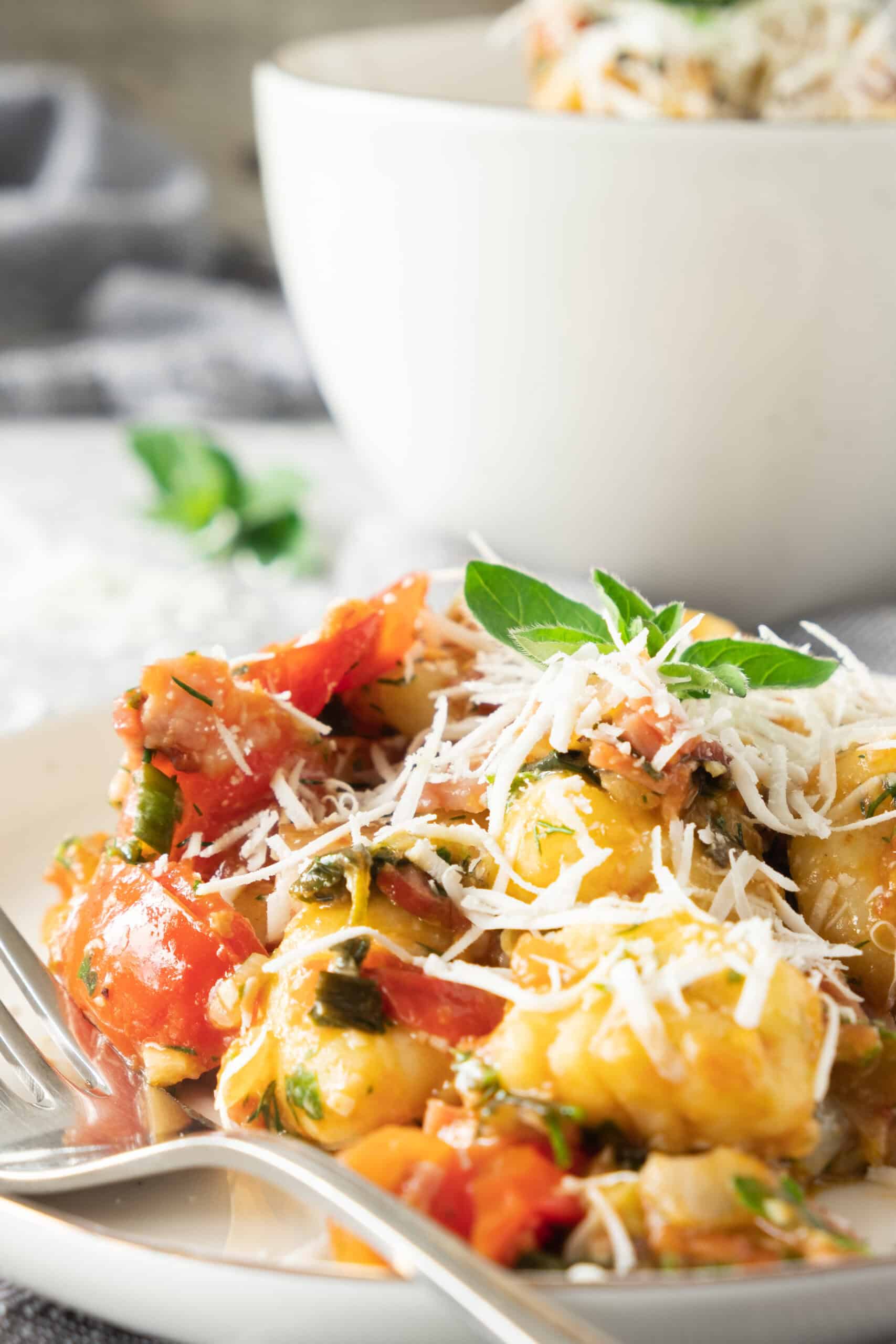 closeup of potato gnocchi with bacon