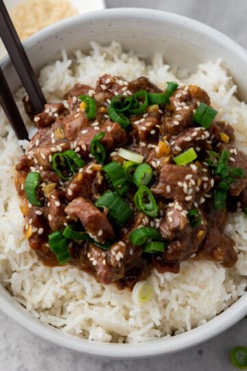 slow cooker mongolian beef in bowl