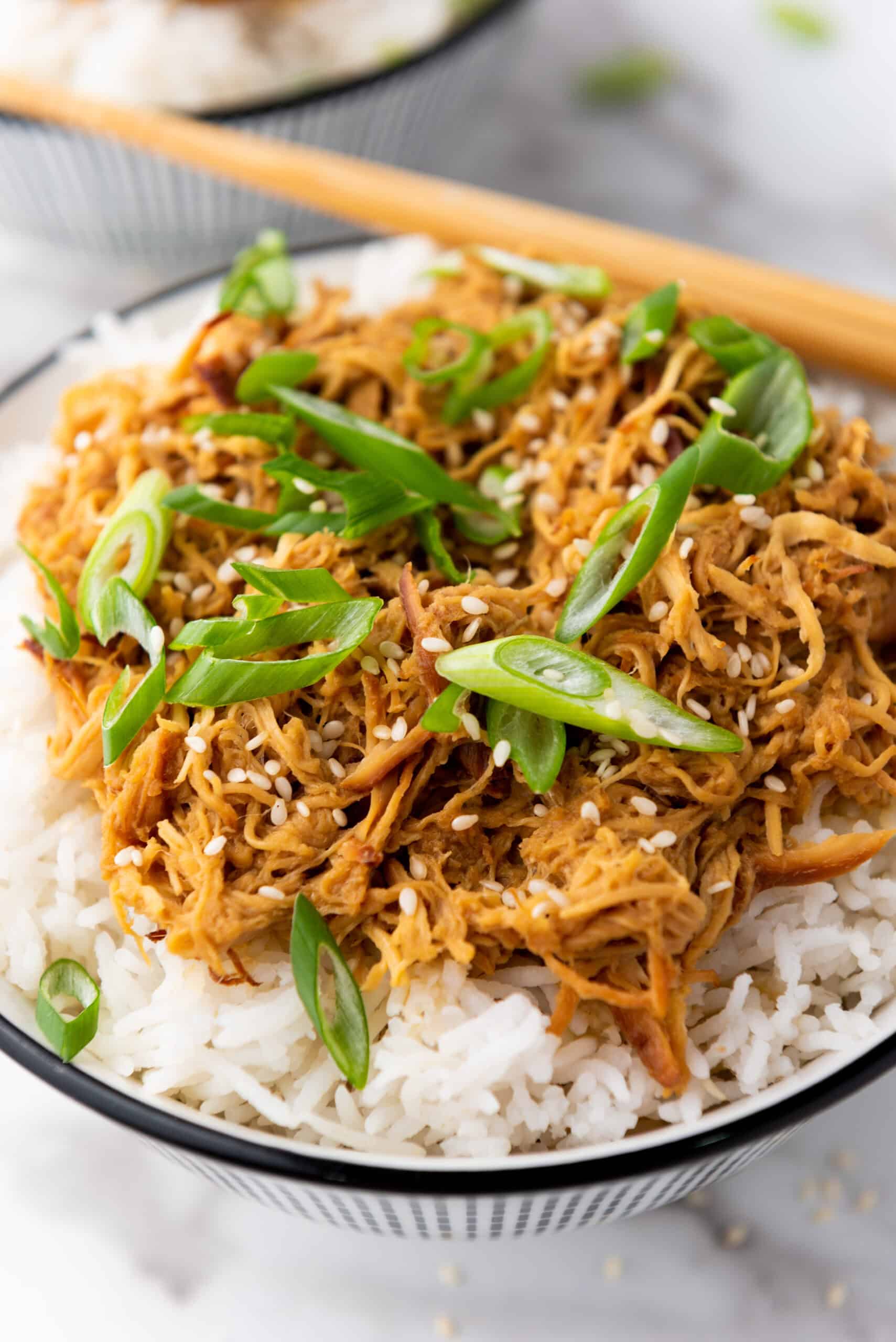 closeup of soy honey garlic chicken over rice