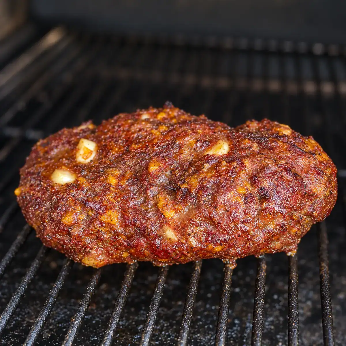 Smoked cheese-stuffed meatloaf cooking on a pellet grill