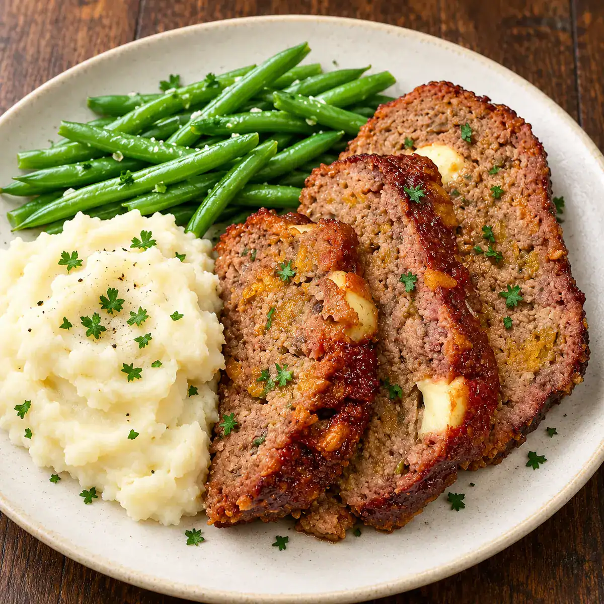 Sliced smoked cheese-stuffed meatloaf with mashed potatoes and green beans