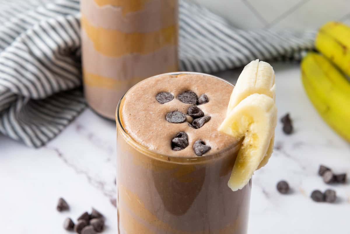 closeup of chocolate peanut butter smoothie