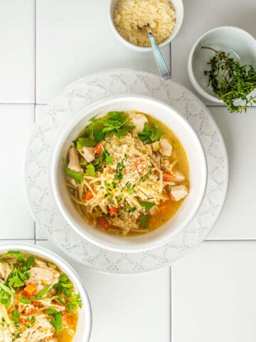 overhead view of san marino chicken fideo soup