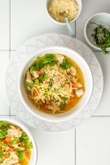 overhead view of san marino chicken fideo soup