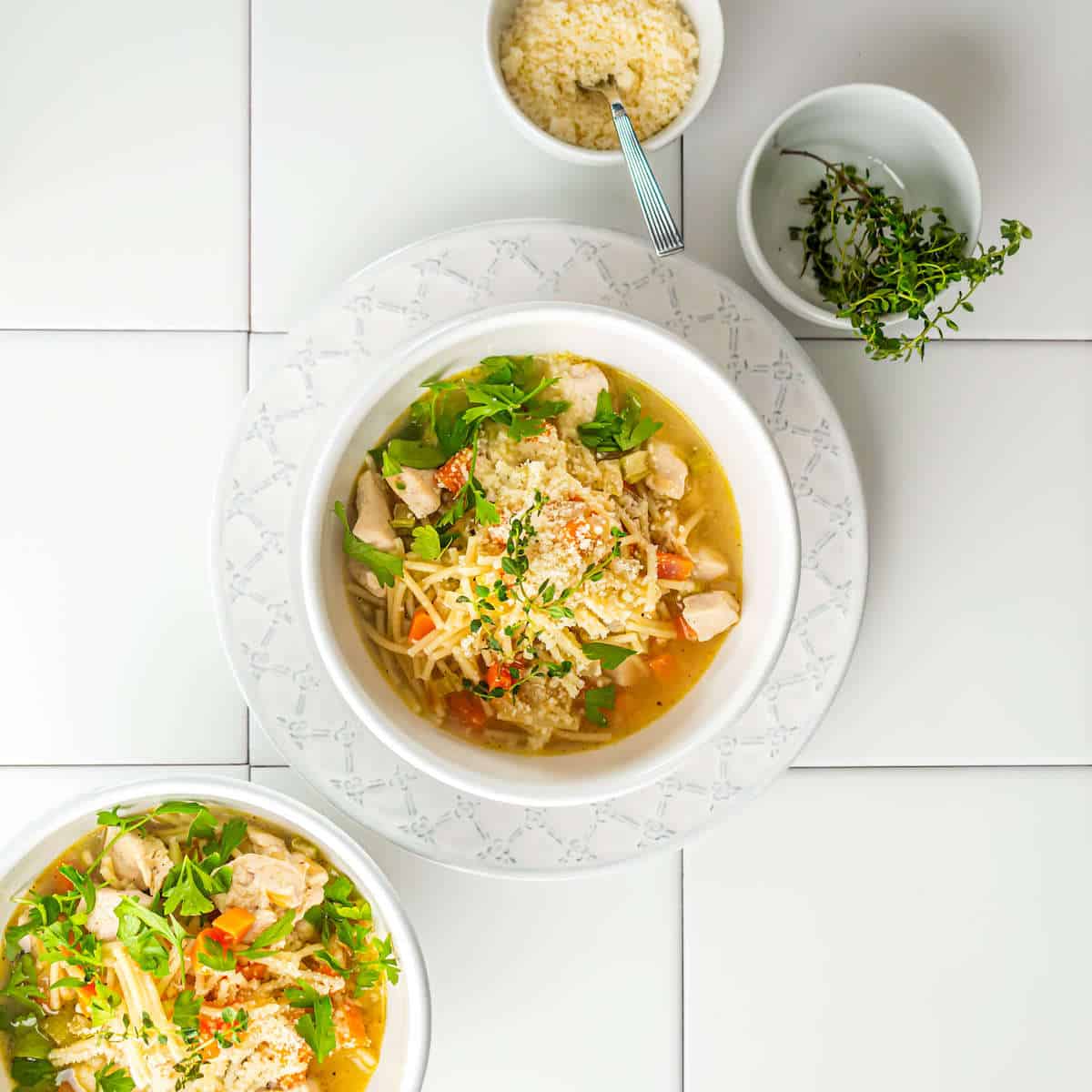 overhead view of san marino chicken fideo soup