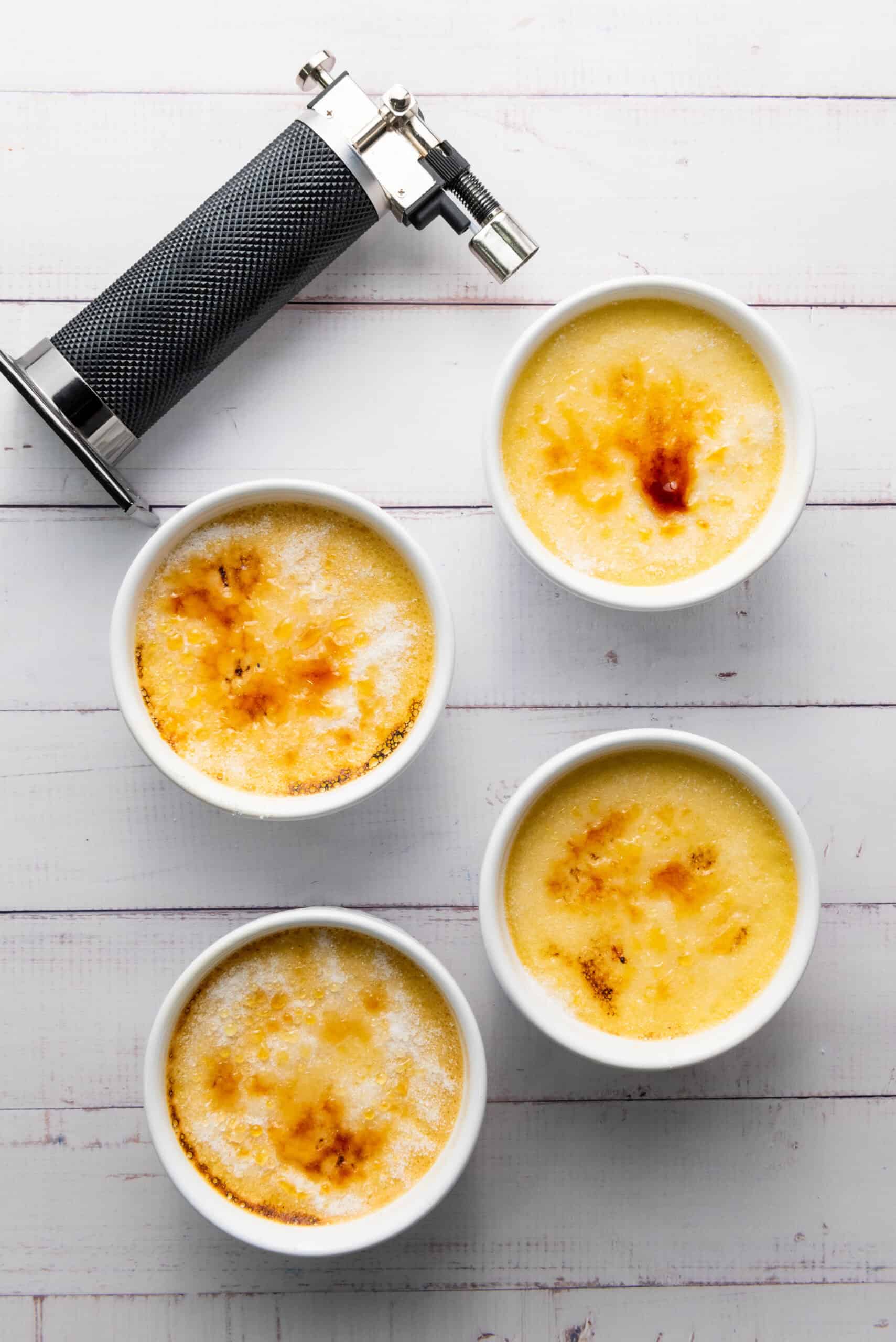 finished crème brulee with kitchen torch