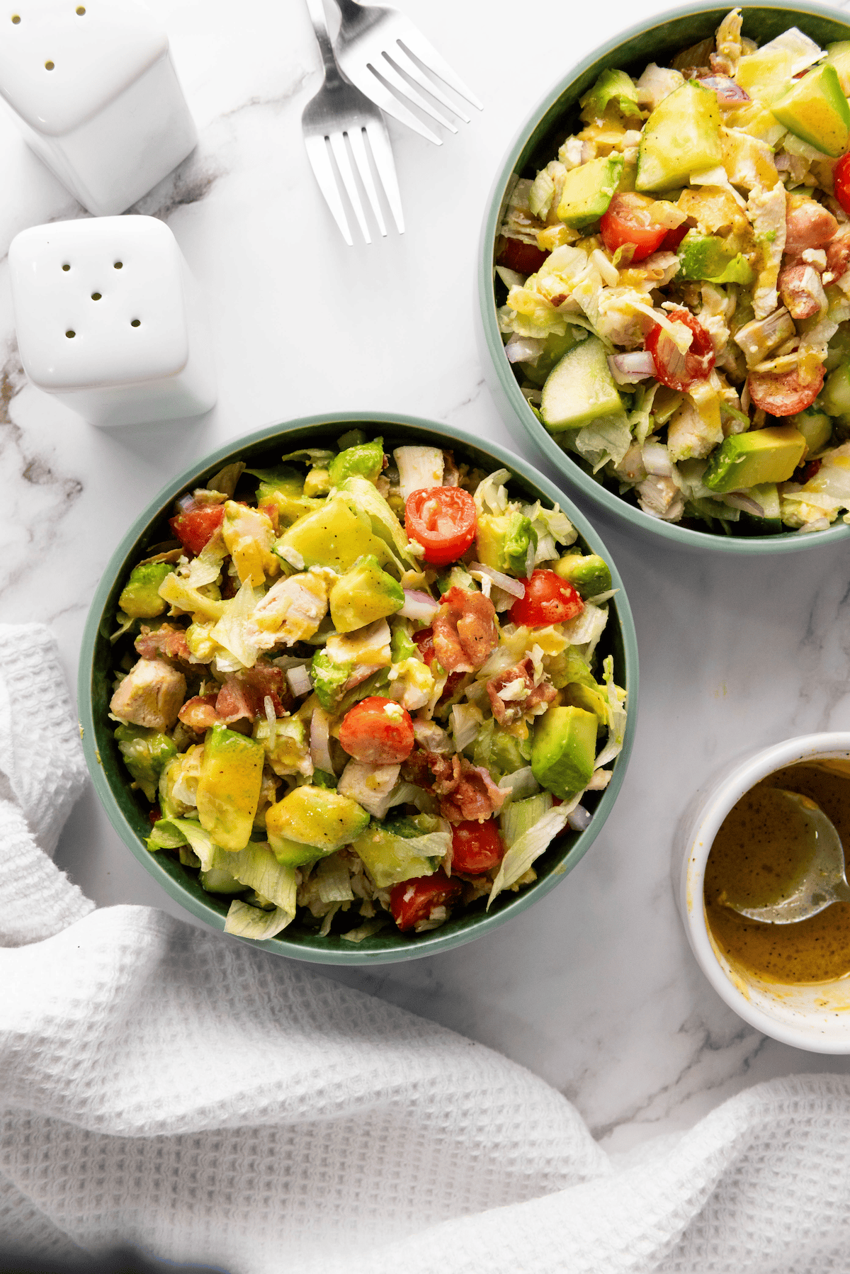 bowl of chopped chicken salad overhead