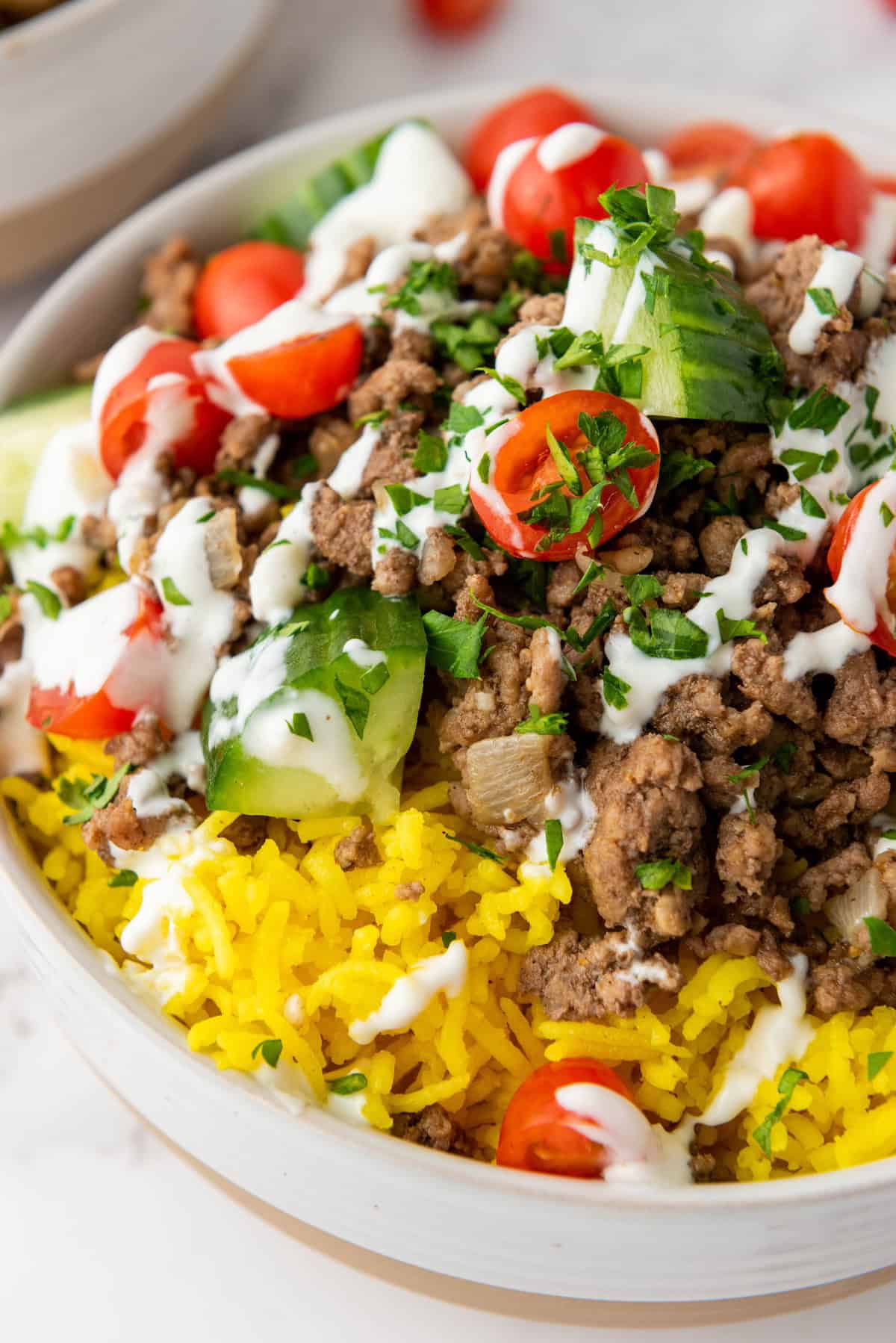 halal cart beef rice bowl closeup