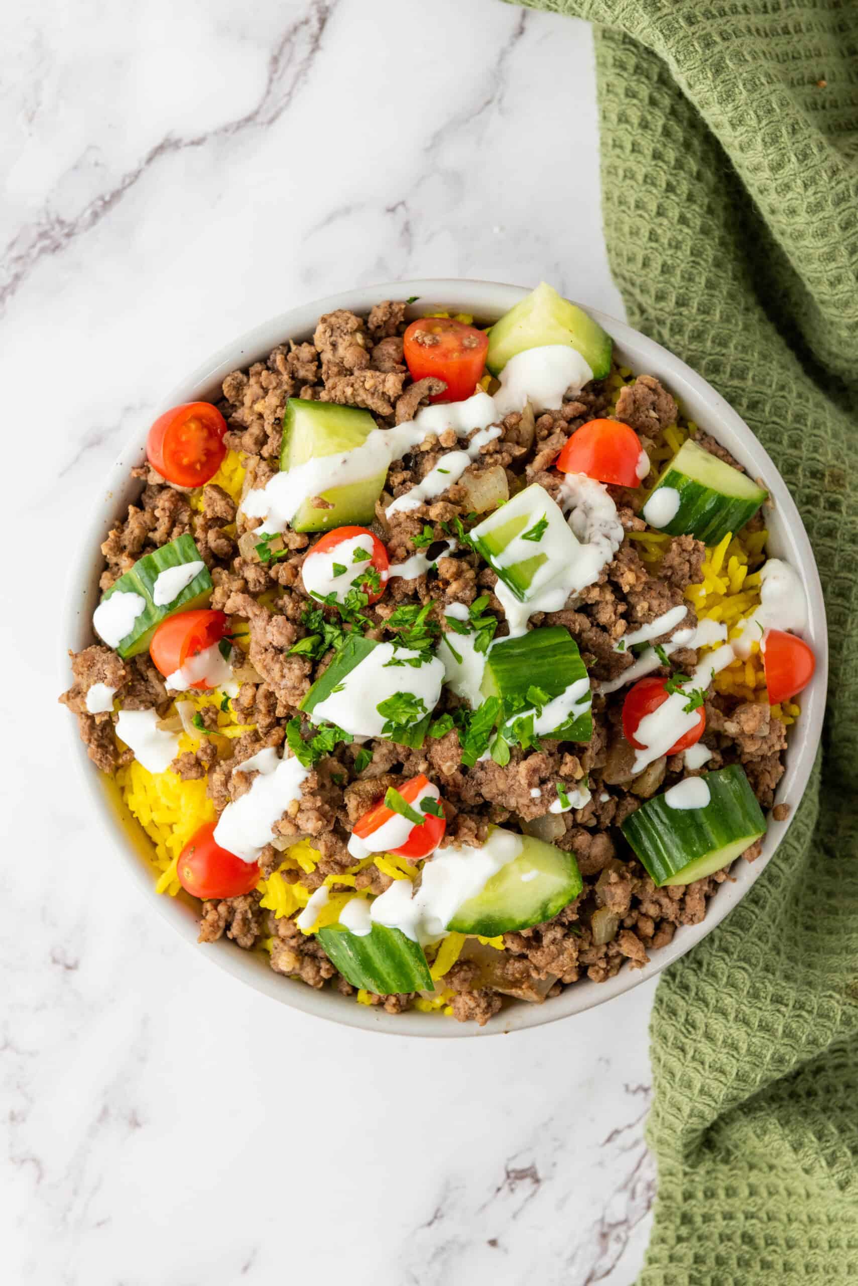 halal cart beef rice bowl overhead