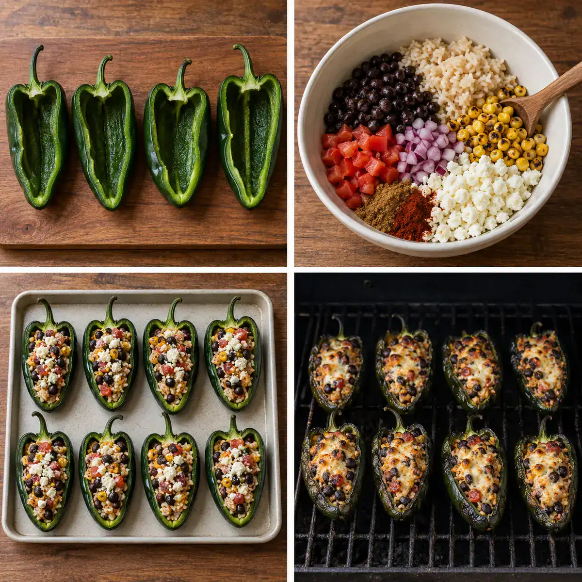 Four steps for preparing and smoking stuffed poblano peppers