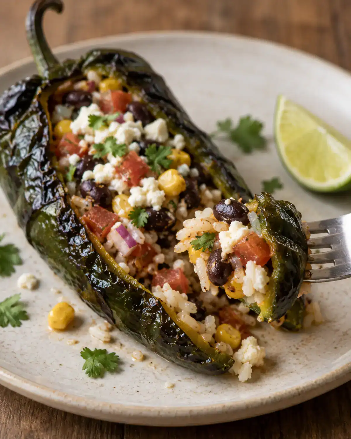 Close-up of a smoked stuffed poblano pepper with black beans, rice, corn and queso fresco