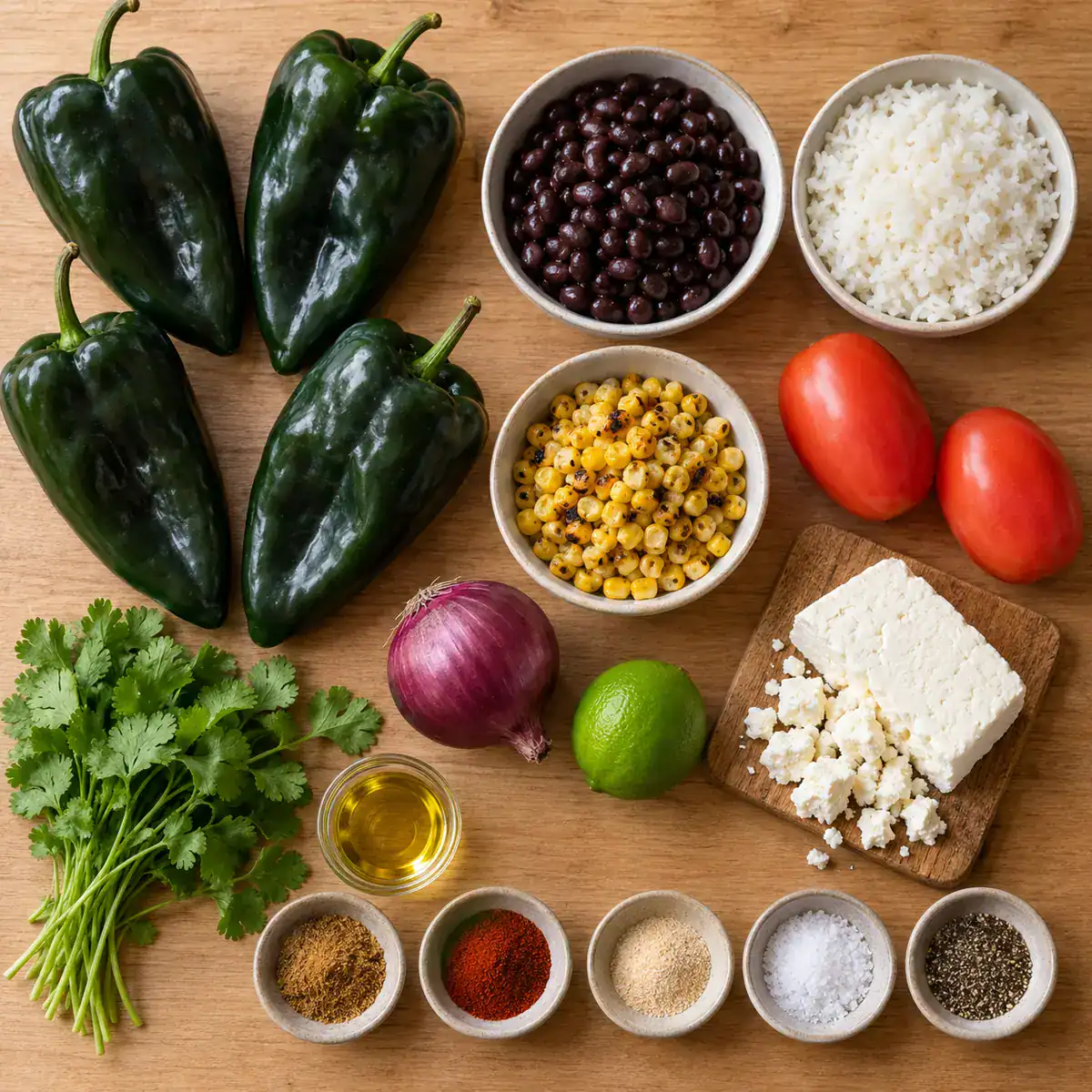 Ingredients for smoked stuffed poblano peppers with queso fresco