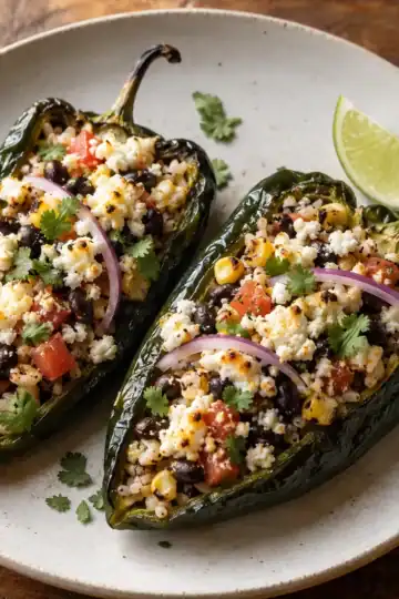 Smoked stuffed poblano peppers filled with black beans, rice, corn and queso fresco