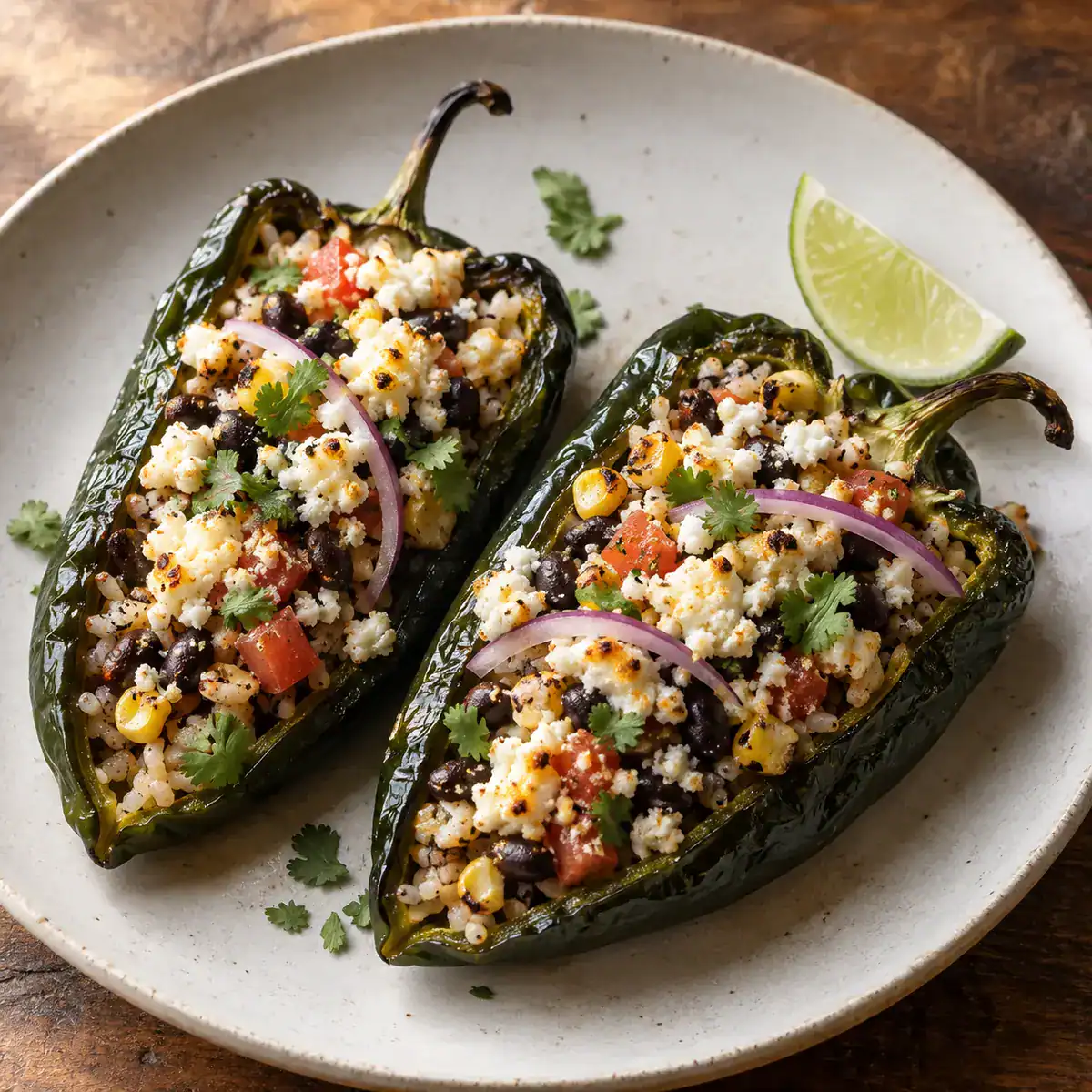 Smoked stuffed poblano peppers filled with black beans, rice, corn and queso fresco